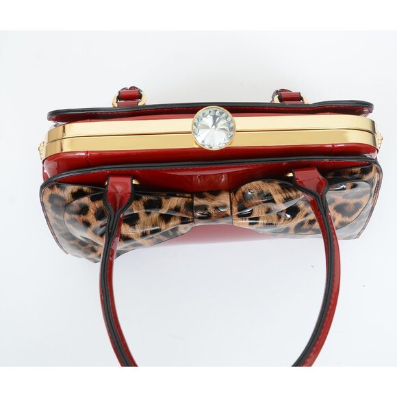 Lipstick Red Shiny Leopard Bow Chunky Diamond Closure Handbag Purse Crossbody - Picture 5 of 11